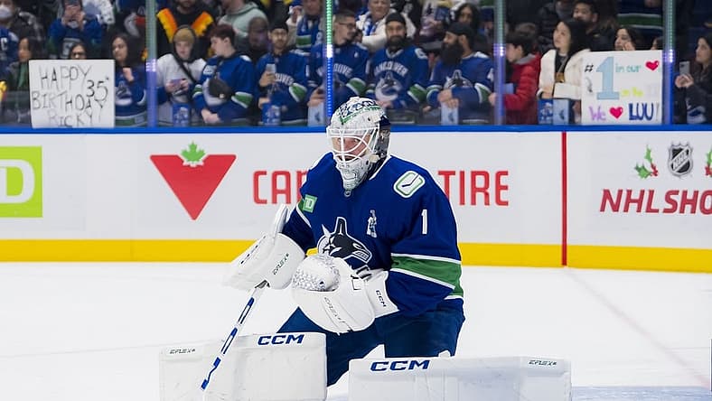 Dec 14, 2023; Vancouver, British Columbia, CAN; Vancouver Canucks goalie Thatcher Demko (35) warms up wearing Roberto Luongo s number 1 jersey prior to an on ice presentation before a game against the Florida Panthers the Canucks celebrate and honour the career of former Vancouver goalie Roberto Luongo. There will be a ceremony for Luongo inducting him into the Vancouver Canucks Ring of Honour at Rogers Arena. Mandatory Credit: Bob Frid-USA TODAY Sports