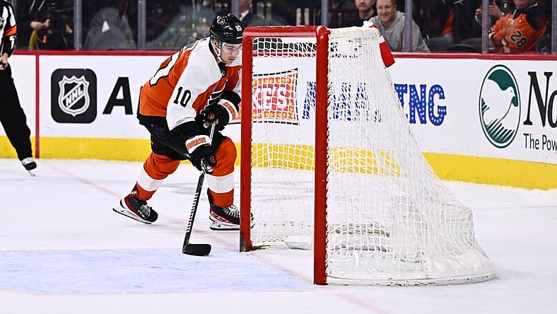 Dec 14, 2023; Philadelphia, Pennsylvania, USA; Philadelphia Flyers right wing Bobby Brink (10) scores a shootout goal against the Washington Capitals in overtime at Wells Fargo Center. Mandatory Credit: Kyle Ross-USA TODAY Sports