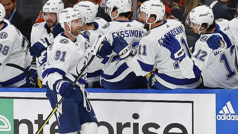 Dec 14, 2023; Edmonton, Alberta, CAN; The Tampa Bay Lightning celebrate a goal scored by forward Steven Stamkos (91), his third of the game during the third period against the Edmonton Oilers at Rogers Place. Mandatory Credit: Perry Nelson-USA TODAY Sports