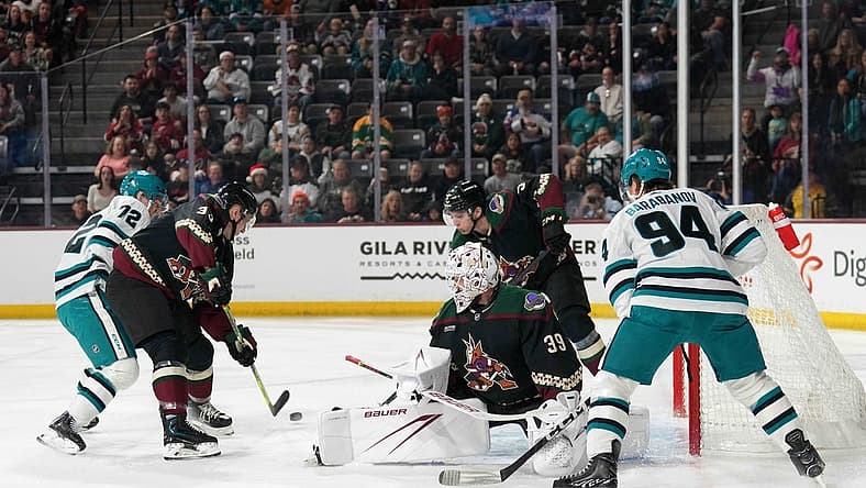 Dec 15, 2023; Tempe, Arizona, USA; Arizona Coyotes goaltender Connor Ingram (39) makes a save against the San Jose Sharks during the first period at Mullett Arena. Mandatory Credit: Joe Camporeale-USA TODAY Sports