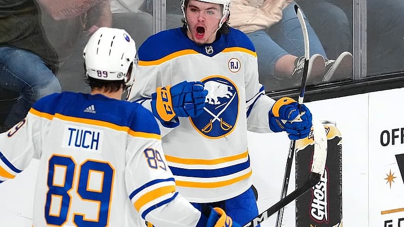 Dec 15, 2023; Las Vegas, Nevada, USA; Buffalo Sabres left wing Zach Benson (9) celebrates with Buffalo Sabres right wing Alex Tuch (89) after scoring a goal against the Vegas Golden Knights during the third period at T-Mobile Arena. Mandatory Credit: Stephen R. Sylvanie-USA TODAY Sports