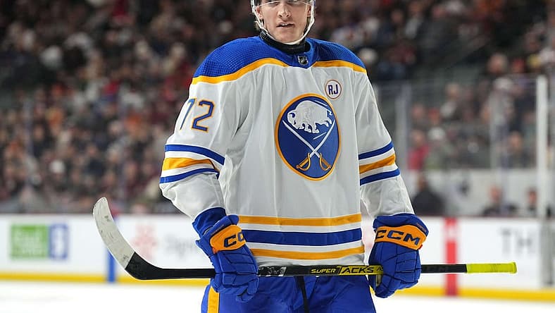 Dec 16, 2023; Tempe, Arizona, USA; Buffalo Sabres right wing Tage Thompson (72) looks on against the Arizona Coyotes during the first period at Mullett Arena. Mandatory Credit: Joe Camporeale-USA TODAY Sports