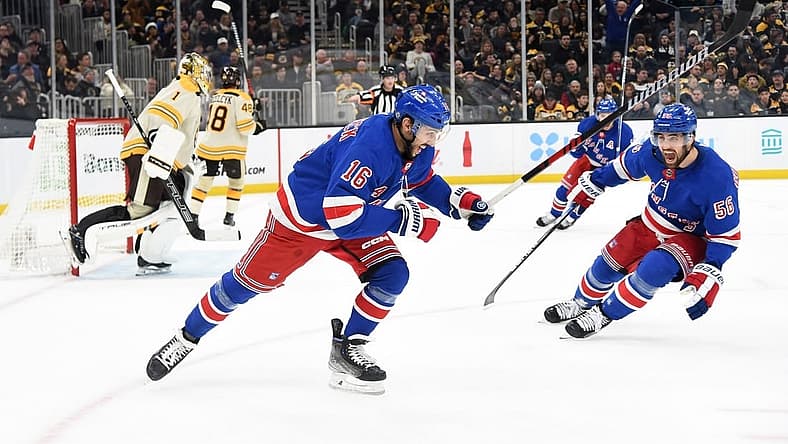 Dec 16, 2023; Boston, Massachusetts, USA;  New York Rangers defenseman Erik Gustafsson (56) reacts on an overtime goal by center Vincent Trocheck (16) against the Boston Bruins at TD Garden. Mandatory Credit: Bob DeChiara-USA TODAY Sports