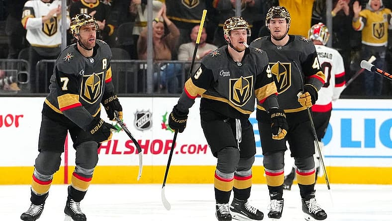 Dec 17, 2023; Las Vegas, Nevada, USA; Vegas Golden Knights center Jack Eichel (9) skates back to the bench after scoring a goal against the Ottawa Senators during the first period at T-Mobile Arena. Mandatory Credit: Stephen R. Sylvanie-USA TODAY Sports