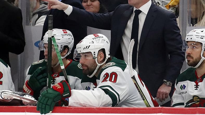 Dec 18, 2023; Pittsburgh, Pennsylvania, USA; Minnesota Wild head coach John Hynes gestures from the bench against the Pittsburgh Penguins during the third period at PPG Paints Arena. Pittsburgh won 4-3. Mandatory Credit: Charles LeClaire-USA TODAY Sports