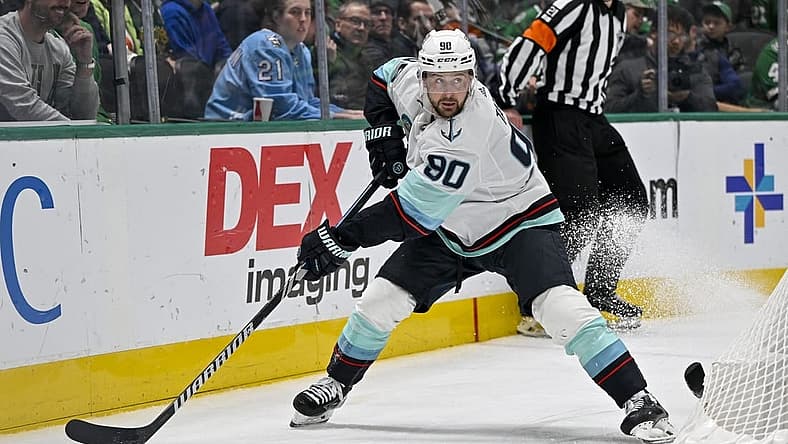 Dec 18, 2023; Dallas, Texas, USA; Seattle Kraken left wing Tomas Tatar (90) skates against the Dallas Stars during the third period at the American Airlines Center. Mandatory Credit: Jerome Miron-USA TODAY Sports