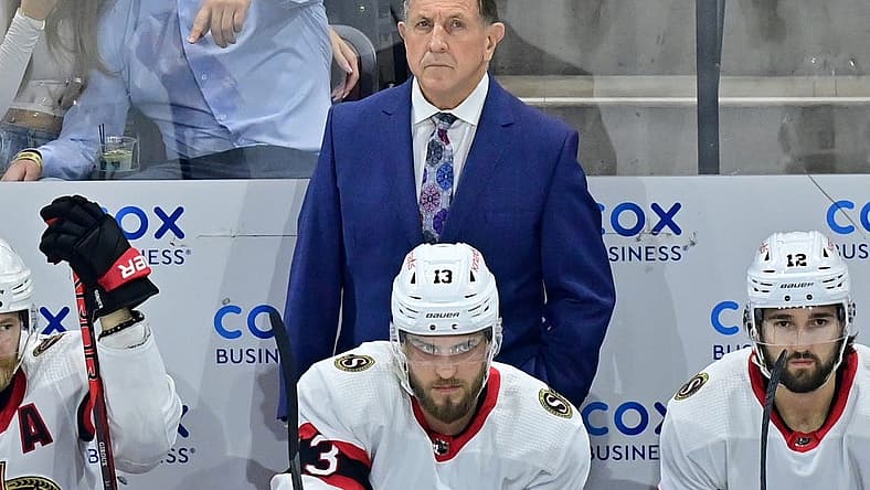 Dec 19, 2023; Tempe, Arizona, USA; Ottawa Senators interim head coach Jacques Martin looks on in the first period against the Arizona Coyotes at Mullett Arena. Mandatory Credit: Matt Kartozian-USA TODAY Sports