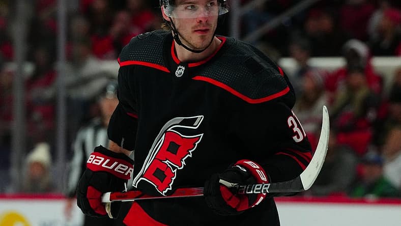 Dec 19, 2023; Raleigh, North Carolina, USA; Carolina Hurricanes right wing Andrei Svechnikov (37) looks on against the Vegas Golden Knights during the first period at PNC Arena. Mandatory Credit: James Guillory-USA TODAY Sports