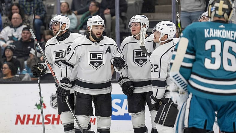 Dec 19, 2023; San Jose, California, USA; Los Angeles Kings celebrate after the goal during the first period against the San Jose Sharks at SAP Center at San Jose. Mandatory Credit: Neville E. Guard-USA TODAY Sports