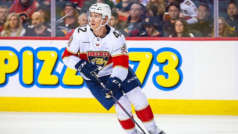 Dec 18, 2023; Calgary, Alberta, CAN; Florida Panthers defenseman Gustav Forsling (42) skates with the puck against the Calgary Flames during the third period at Scotiabank Saddledome. Mandatory Credit: Sergei Belski-USA TODAY Sports