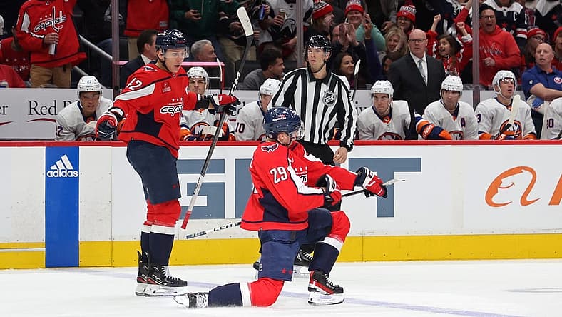 Dec 20, 2023; Washington, District of Columbia, USA; Washington Capitals center Hendrix Lapierre (29) celebrates after scoring a goal against the New York Islanders in the first period at Capital One Arena. Mandatory Credit: Geoff Burke-USA TODAY Sports