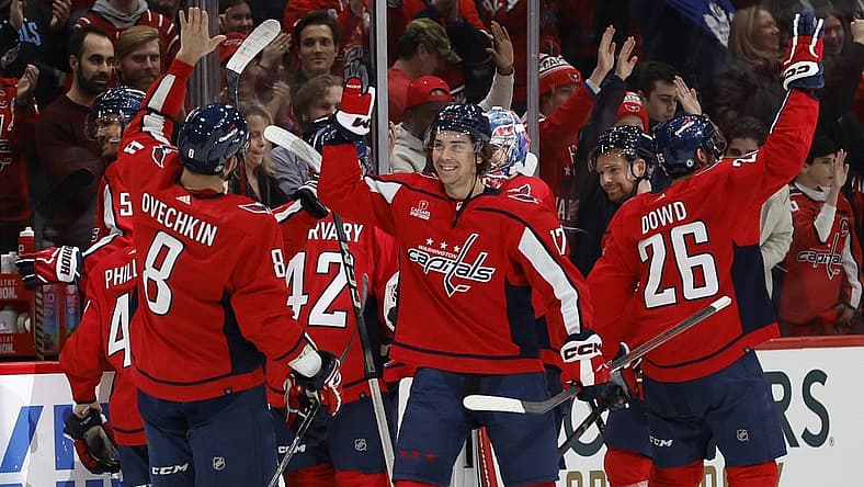 Dec 20, 2023; Washington, District of Columbia, USA; Washington Capitals center Dylan Strome (17) celebrates with Capitals left wing Alex Ovechkin (8) after scoring the game-winning goal on New York Islanders goaltender Semyon Varlamov (40) in overtime at Capital One Arena. Mandatory Credit: Geoff Burke-USA TODAY Sports