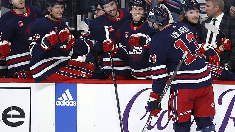Dec 20, 2023; Winnipeg, Manitoba, CAN; Winnipeg Jets center Gabriel Vilardi (13) celebrates his second period goal against the Detroit Red Wings at Canada Life Centre. Mandatory Credit: James Carey Lauder-USA TODAY Sports
