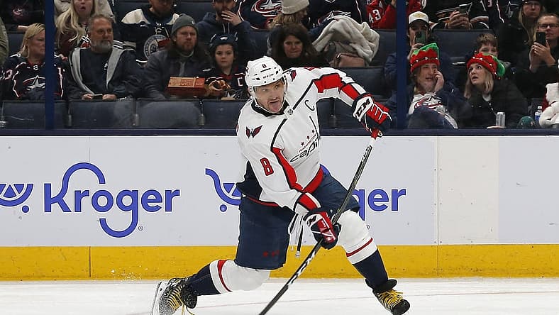 Dec 21, 2023; Columbus, Ohio, USA; Washington Capitals left wing Alex Ovechkin (8) shoots against the Columbus Blue Jackets during the second period at Nationwide Arena. Mandatory Credit: Russell LaBounty-USA TODAY Sports