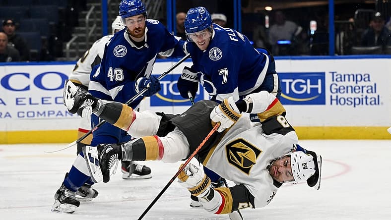 Dec 21, 2023; Tampa, Florida, USA; Las Vegas Golden Knights left wing William Carrier (28) attempts to gain control of the puck in the second period against the Tampa Bay Lightning at Amalie Arena. Mandatory Credit: Jonathan Dyer-USA TODAY Sports