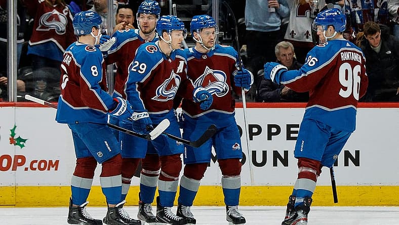 Dec 21, 2023; Denver, Colorado, USA; Colorado Avalanche center Nathan MacKinnon (29) celebrates his goal with defenseman Cale Makar (8) and right wing Valeri Nichushkin (13) and left wing Jonathan Drouin (27) and right wing Mikko Rantanen (96) in the first period against the Ottawa Senators at Ball Arena. Mandatory Credit: Isaiah J. Downing-USA TODAY Sports