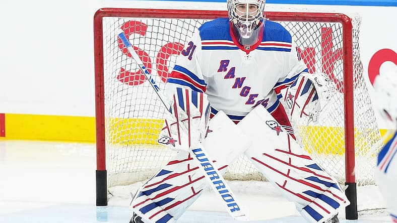 Dec 19, 2023; Toronto, Ontario, CAN; New York Rangers goaltender Igor Shesterkin (31) takes pucks during the warmup against the Toronto Maple Leafs at Scotiabank Arena. Mandatory Credit: Nick Turchiaro-USA TODAY Sports