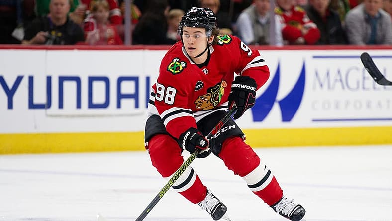 Dec 19, 2023; Chicago, Illinois, USA; Chicago Blackhawks forward Connor Bedard (98) skates against the Colorado Avalanche at United Center. Mandatory Credit: Jamie Sabau-USA TODAY Sports