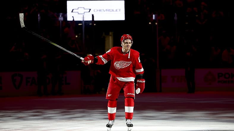 Dec 22, 2023; Detroit, Michigan, USA; Detroit Red Wings right wing Patrick Kane (88) celebrates after defeating the Philadelphia Flyers at Little Caesars Arena. Mandatory Credit: Rick Osentoski-USA TODAY Sports