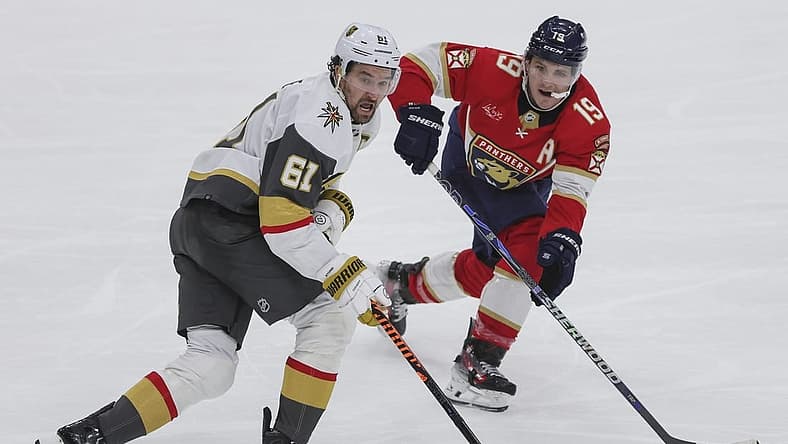 Dec 23, 2023; Sunrise, Florida, USA; Vegas Golden Knights right wing Mark Stone (61) and Florida Panthers left wing Matthew Tkachuk (19) look on during the third period at Amerant Bank Arena. Mandatory Credit: Sam Navarro-USA TODAY Sports