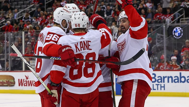 Dec 23, 2023; Newark, New Jersey, USA; Detroit Red Wings right wing Patrick Kane (88) celebrates his goal against the New Jersey Devils during the first period at Prudential Center. Mandatory Credit: Ed Mulholland-USA TODAY Sports