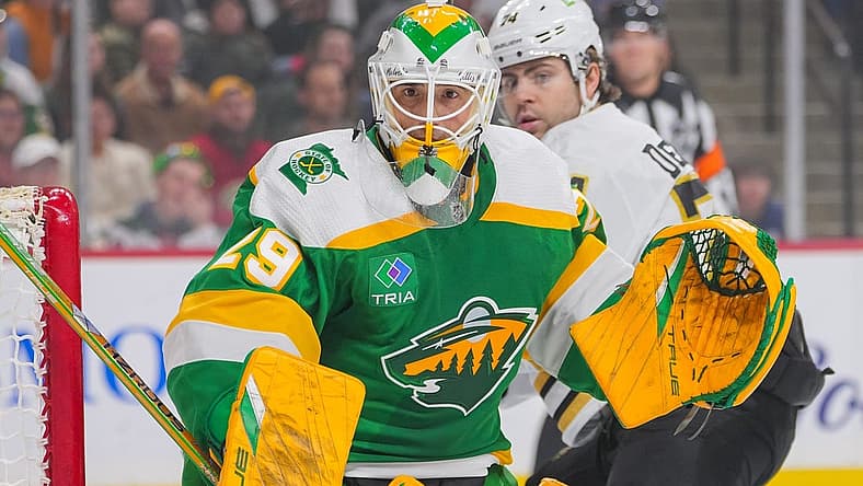 Dec 23, 2023; Saint Paul, Minnesota, USA; Minnesota Wild goaltender Marc-Andre Fleury (29) watches the puck against the Boston Bruins in the first period at Xcel Energy Center. Mandatory Credit: Brad Rempel-USA TODAY Sports