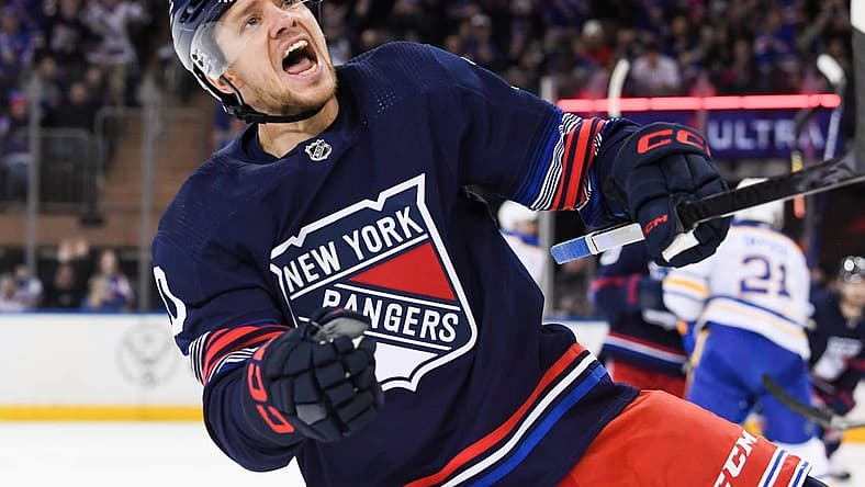 Dec 23, 2023; New York, New York, USA; New York Rangers left wing Artemi Panarin (10) celebrates his goal against the Buffalo Sabres during the first period at Madison Square Garden. Mandatory Credit: Dennis Schneidler-USA TODAY Sports