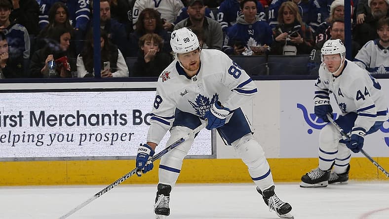 Dec 23, 2023; Columbus, Ohio, USA; Toronto Maple Leafs right wing William Nylander (88) looks to shoot against the Columbus Blue Jackets during the second period at Nationwide Arena. Mandatory Credit: Russell LaBounty-USA TODAY Sports