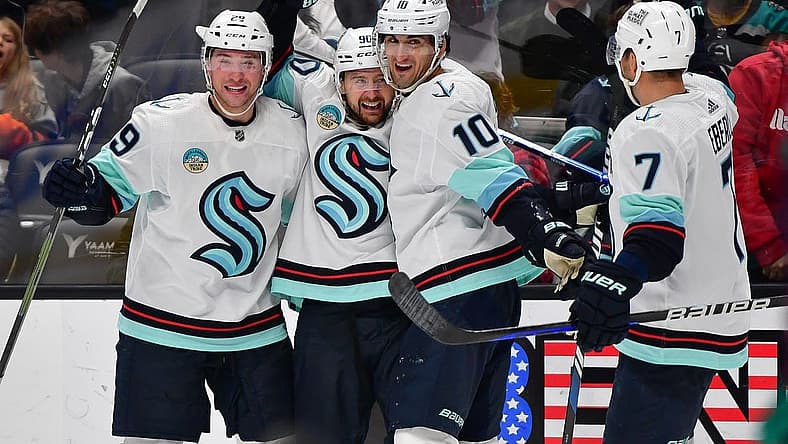 Dec 23, 2023; Anaheim, California, USA; Seattle Kraken left wing Tomas Tatar (90) celebrates his goal scored against the Anaheim Ducks during the third period at Honda Center. Mandatory Credit: Gary A. Vasquez-USA TODAY Sports
