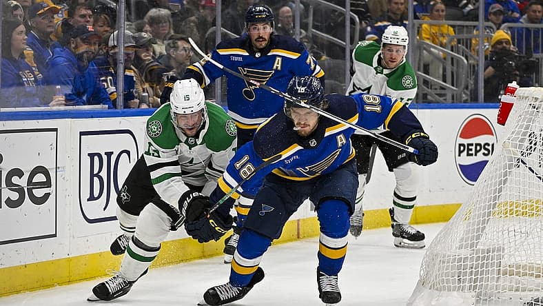 Dec 27, 2023; St. Louis, Missouri, USA;  Dallas Stars center Craig Smith (15) and St. Louis Blues center Robert Thomas (18) battle for the puck during the first period at Enterprise Center. Mandatory Credit: Jeff Curry-USA TODAY Sports