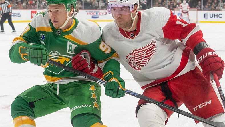 Dec 27, 2023; Saint Paul, Minnesota, USA; Detroit Red Wings right wing Daniel Sprong (17) checks Minnesota Wild left wing Kirill Kaprizov (97) in the first period at Xcel Energy Center. Mandatory Credit: Matt Blewett-USA TODAY Sports