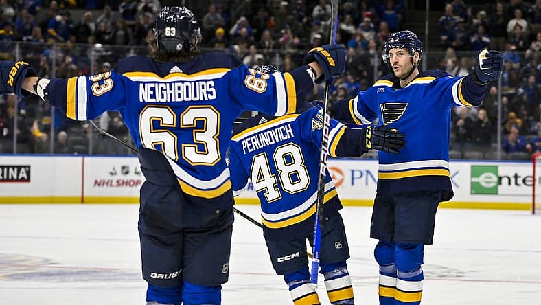 Dec 27, 2023; St. Louis, Missouri, USA; St. Louis Blues defenseman Marco Scandella (6) celebrates with defenseman Scott Perunovich (48) and left wing Jake Neighbours (63) after scoring against the Dallas Stars during the second period at Enterprise Center. Mandatory Credit: Jeff Curry-USA TODAY Sports