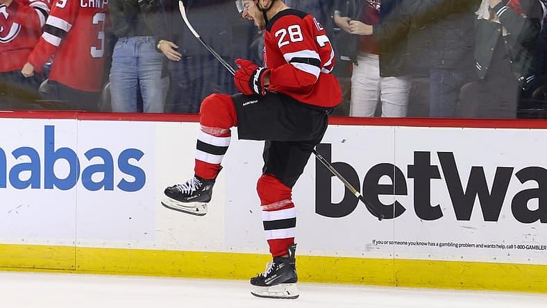 Dec 27, 2023; Newark, New Jersey, USA; New Jersey Devils right wing Timo Meier (28) celebrates his game winning goal against the Columbus Blue Jackets during overtime at Prudential Center. Mandatory Credit: Ed Mulholland-USA TODAY Sports