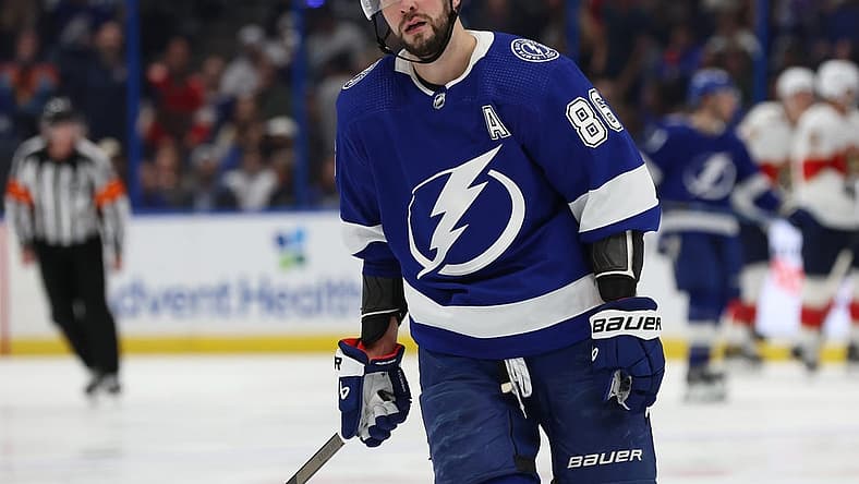 Dec 27, 2023; Tampa, Florida, USA;Tampa Bay Lightning right wing Nikita Kucherov (86) looks away after Florida Panthers scored a goal during the third period at Amalie Arena. Mandatory Credit: Kim Klement Neitzel-USA TODAY Sports