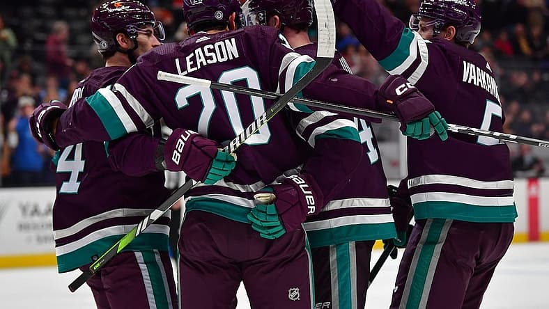 Dec 27, 2023; Anaheim, California, USA; Anaheim Ducks celebrate the goal scored by right wing Brett Leason (20) against the Vegas Golden Knights during the first period at Honda Center. Mandatory Credit: Gary A. Vasquez-USA TODAY Sports