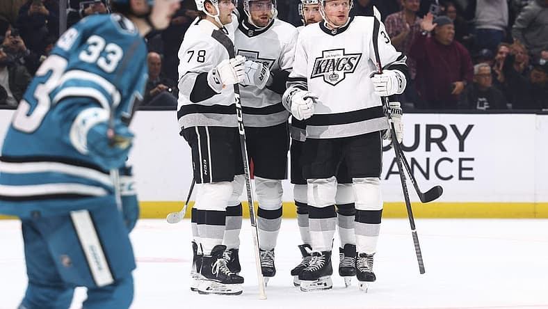 Dec 27, 2023; Los Angeles, California, USA; Los Angeles Kings center Pierre-Luc Dubois (80) celebrates with his teammates after scoring a gaol during the second period of a game against the San Jose Sharks at Crypto.com Arena. Mandatory Credit: Jessica Alcheh-USA TODAY Sports
