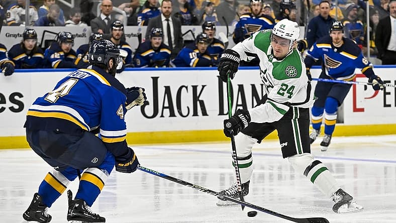 Dec 27, 2023; St. Louis, Missouri, USA; Dallas Stars center Roope Hintz (24) shoots against the St. Louis Blues during the third period at Enterprise Center. Mandatory Credit: Jeff Curry-USA TODAY Sports