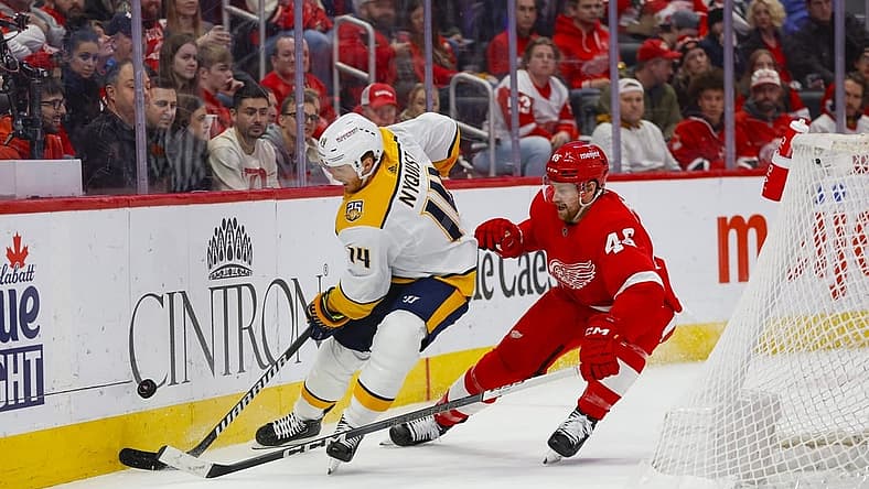 Dec 29, 2023; Detroit, Michigan, USA; Nashville Predators center Gustav Nyquist (14) handles the puck under pressure from Detroit Red Wings defenseman Jeff Petry (46) during the first of the game between the Nashville Predators and the Detroit Red Wings at Little Caesars Arena. Mandatory Credit: Brian Bradshaw Sevald-USA TODAY Sports