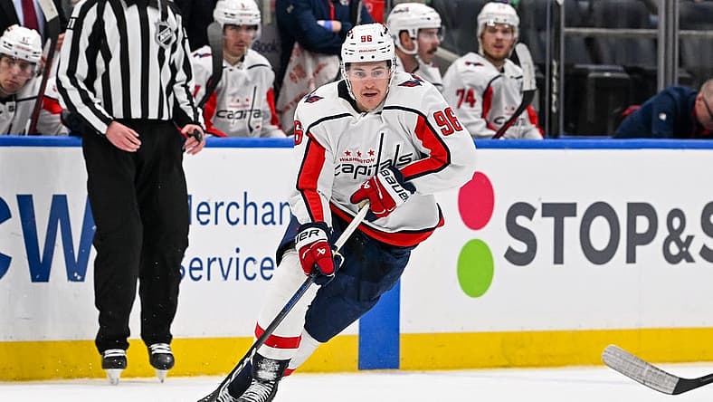 Dec 29, 2023; Elmont, New York, USA; Washington Capitals right wing Nicolas Aube-Kubel (96) skates with the puck against the New York Islanders during the third period at UBS Arena. Mandatory Credit: Dennis Schneidler-USA TODAY Sports