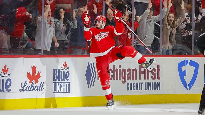 Dec 29, 2023; Detroit, Michigan, USA; Detroit Red Wings defenseman Jake Walman (96) celebrates his goal during the third period of the game between the Detroit Red Wings and the Nashville Predators at Little Caesars Arena. Mandatory Credit: Brian Bradshaw Sevald-USA TODAY Sports