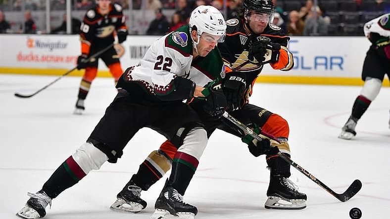 Dec 29, 2023; Anaheim, California, USA; Arizona Coyotes center Jack McBain (22) moves the puck against Anaheim Ducks defenseman Jamie Drysdale (6) during the first period at Honda Center. Mandatory Credit: Gary A. Vasquez-USA TODAY Sports