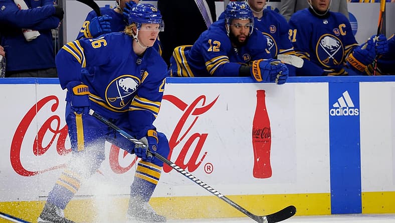Dec 30, 2023; Buffalo, New York, USA; Buffalo Sabres defenseman Rasmus Dahlin (26) looks to make a pass during the second period against the Columbus Blue Jackets at KeyBank Center. Mandatory Credit: Timothy T. Ludwig-USA TODAY Sports
