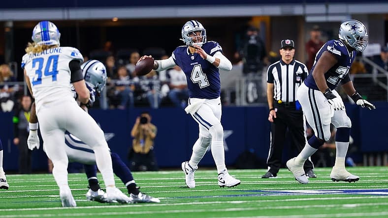 Dec 30, 2023; Arlington, Texas, USA;  Dallas Cowboys quarterback Dak Prescott (4) looks to throw during the first half against the Detroit Lions at AT&T Stadium. Mandatory Credit: Kevin Jairaj-USA TODAY Sports