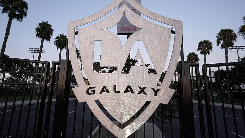 Aug 26, 2020; Carson, California, USA; A general view of LA Galaxy logo at the locked gates at Dignity Health Sports Park after the MLS game against the Seattle Sounders was postponed have been postponed in the wake of protests following the police shooting of Jacob Blake in Kenosha, Wisconsin. Mandatory Credit: Kirby Lee-USA TODAY Sports