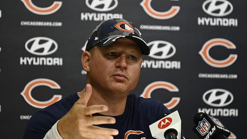 Jul 28, 2022; Lake Forest, IL, USA; Chicago Bears offensive coordinator Luke Getsy talks with the media during training camp at PNC Center at Halas Hall. Mandatory Credit: Matt Marton-USA TODAY Sports