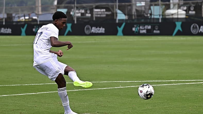 Jul 19, 2023; Annapolis, MD, USA; MLS NEXT East player Tahir Reid-Brown (17) of Orlando City SC scores on a penalty kick during a shootout in the 2023 MLS NEXT All Star Game at Glenn Warner Soccer Facility at the Naval Academy. Mandatory Credit: Reggie Hildred-USA TODAY Sports