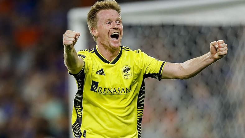 Aug 4, 2023; Cincinnati, OH, USA; Nashville SC midfielder Dax McCarty (6) reacts after midfielder Anibal Godoy (not pictured) scores a goal against FC Cincinnati in the second half at TQL Stadium. Mandatory Credit: Katie Stratman-USA TODAY Sports