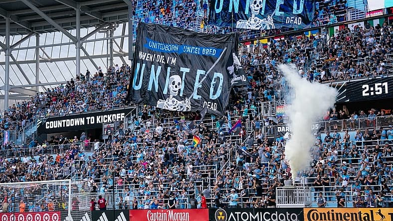 Aug 27, 2023; Saint Paul, Minnesota, USA;  Minnesota United fans unveil the tifo against the Seattle Sounders in the first half at Allianz Field. Mandatory Credit: Brad Rempel-USA TODAY Sports