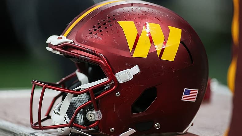 Oct 15, 2023; Atlanta, Georgia, USA; A Washington Commanders helmet on the sideline against the Atlanta Falcons in the second half at Mercedes-Benz Stadium. Mandatory Credit: Brett Davis-USA TODAY Sports