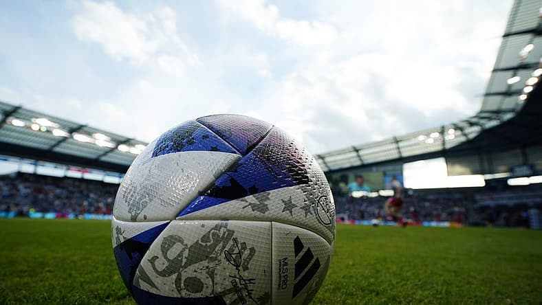 Nov 5, 2023; Kansas City, KS, USA; General view of a game ball before the match between Sporting Kansas City and St. Louis City SC of game two in a round one match of the 2023 MLS Cup Playoffs at Children's Mercy Park. Mandatory Credit: Jay Biggerstaff-USA TODAY Sports